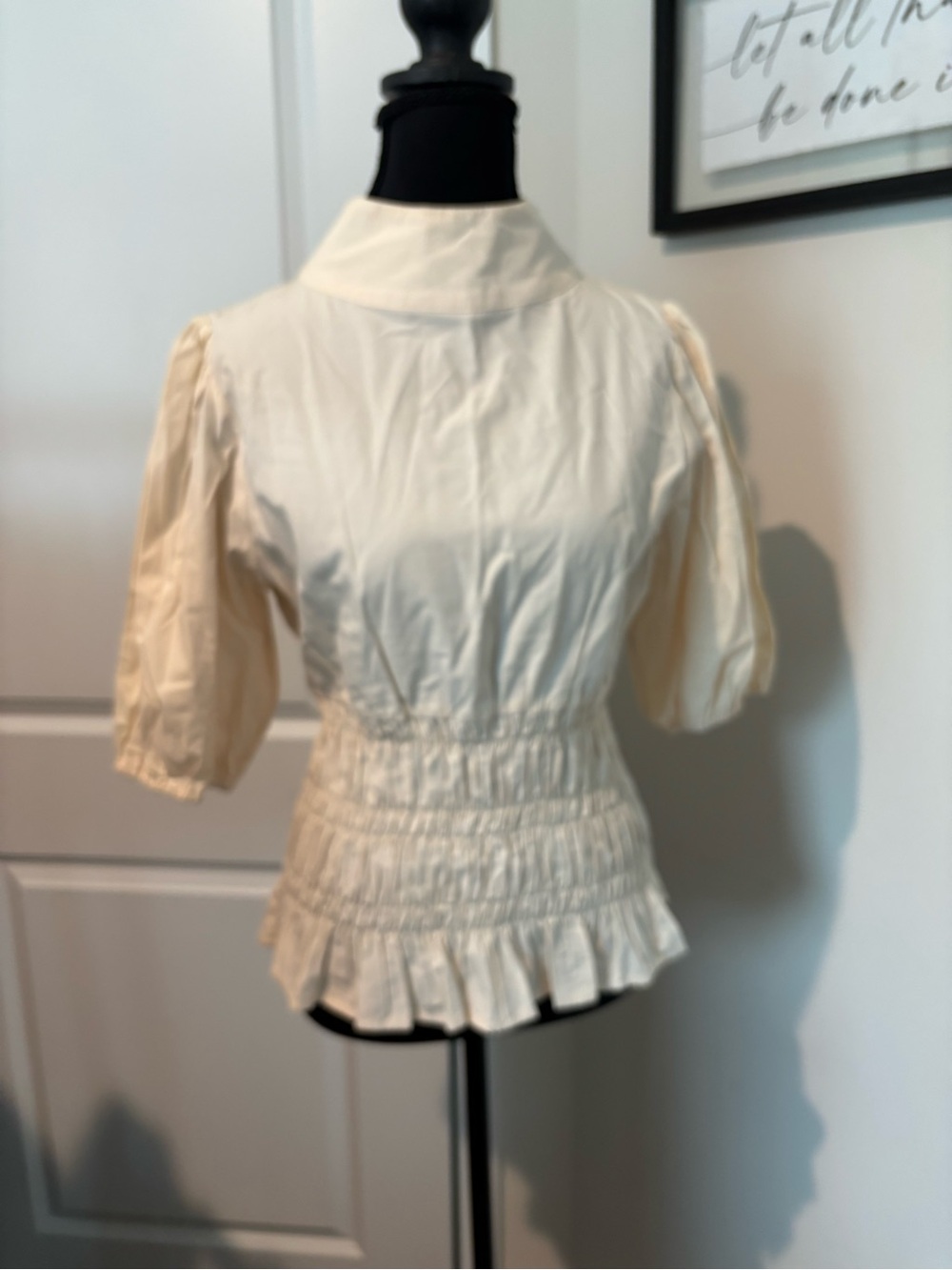 Cream Smocked Peplum Blouse with Puff Sleeves